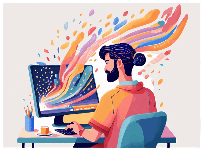 Image created from AI (Adobe Firefly): an illustration in a painted style showing lots of colours coming out of a designers computer, while he is typing and adjusting things. Showing the power of AI.
