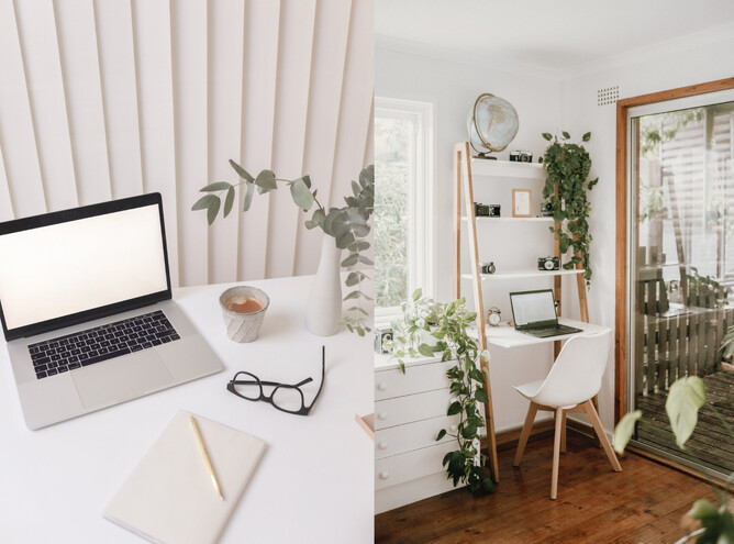 Two picture of very clean desks with plants