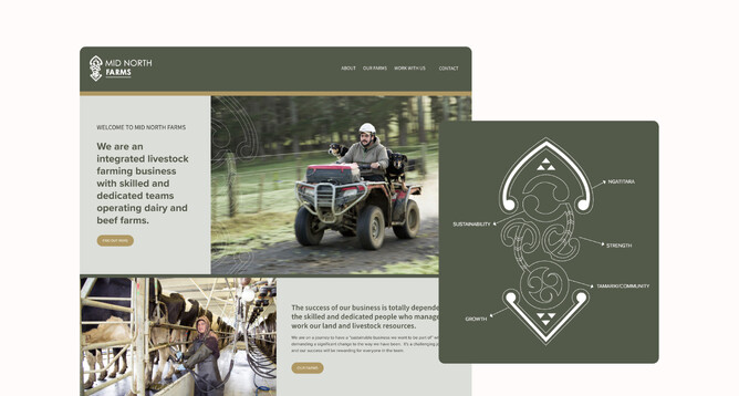 A photo of Bron's recently created this website and kōwhaiwhai for Mid North Farms