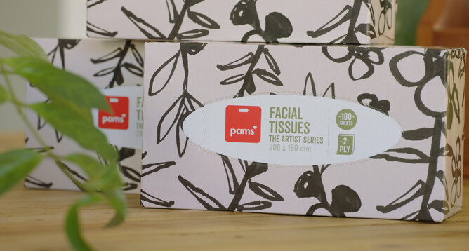 A photo of Bron's recent collaborative project with Pam's for a tissue box artwork