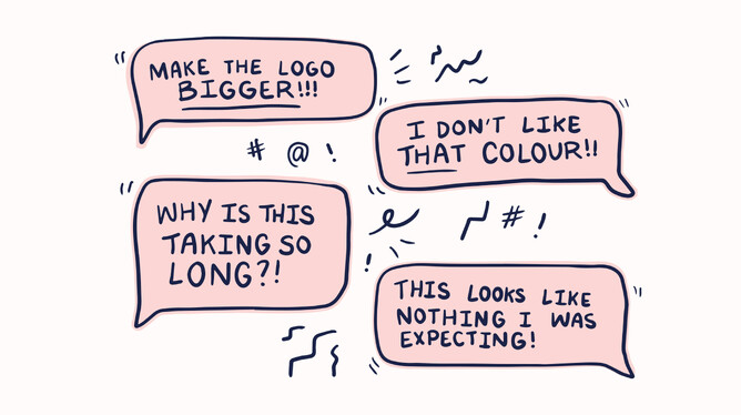 Illustration of angry speech bubbles of client saying negative feedback like "make the logo bigger!"