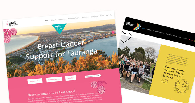 A graphic showing two website that enable social change:  one is a 'Breast Cancer' website and a 'Keep Hamilton Beautiful' website