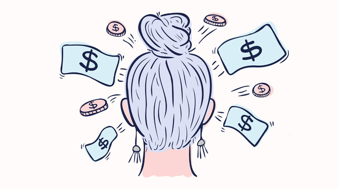Illustration of back of head with money flying around